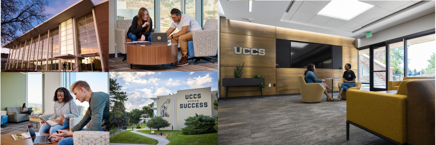Photo collage with images of Cragmor Hall "UCCS Fuels Success," Dwire Hall, and two sets of students studying together.