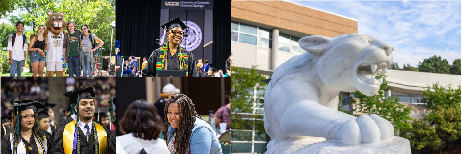 Photo collage of the Mtn Lion statue, four students with clyde, several students graduating and two women talking with one another.