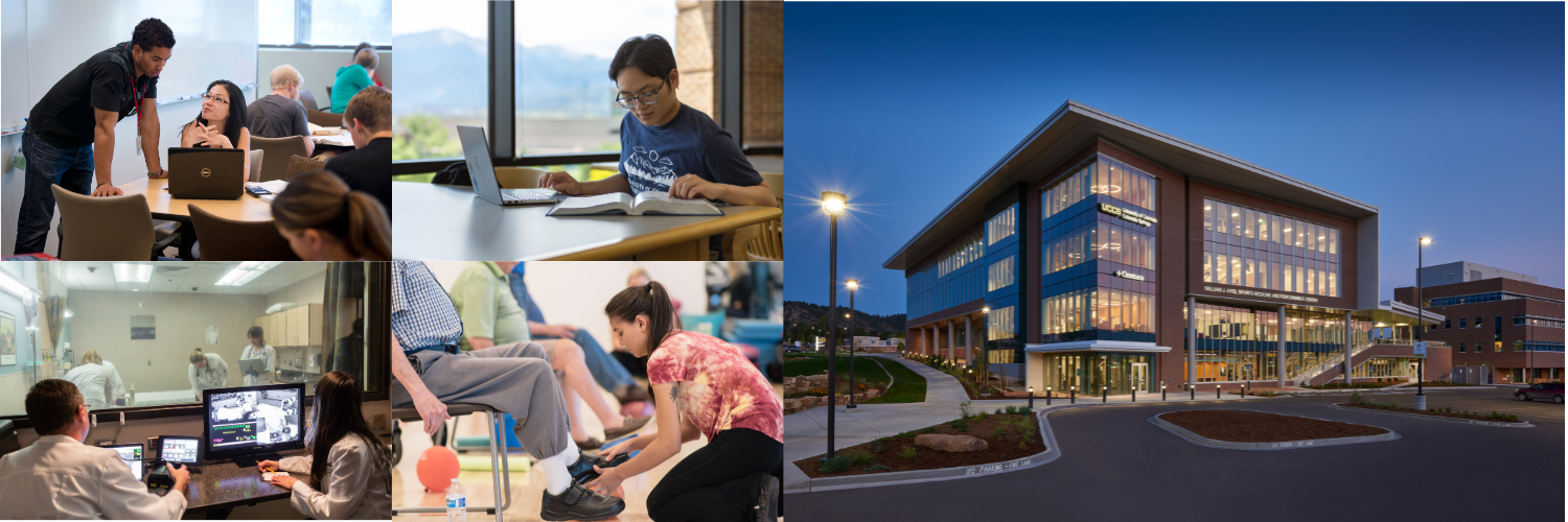 Collage of the Hybl buildling, a pre-Med student studying, nursing students practicing in the lab, a student practicing Physical Therapy and a tutor helping a student study.