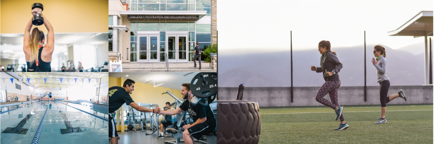 Collage of students working out. Two girls running on top of the Alpine Field. Two men lifting weights. One woman lifting weights. A photo of the swimming pool and the front of the Rec Center.